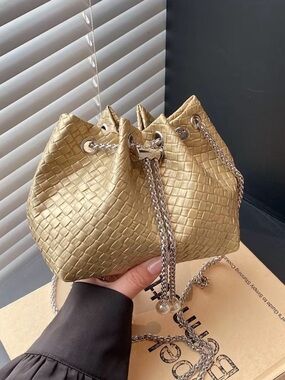 Woven Drawstring Bucket Bag with Silver Chain and Pearl Accents